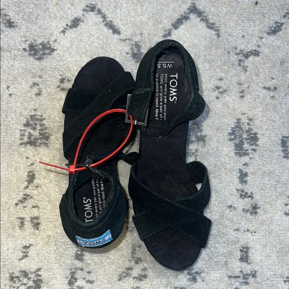 TOMS Black Suede Open-Toe Wedge - Picture 2 of 5